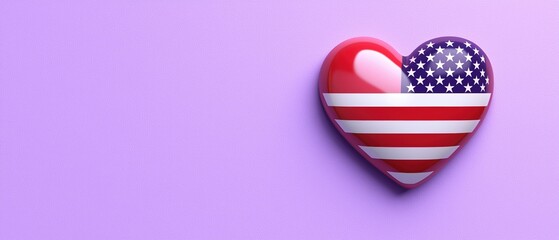 Obraz premium A colorful heart symbol featuring red, white, and blue representing patriotism on a vibrant purple background.