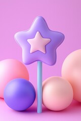 A colorful star-shaped wand surrounded by pastel spheres on a vibrant pink background, perfect for playful decor.