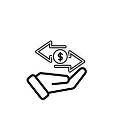 coin icon. cash back with dollar in hand. money management vector, business and finance icon, indicating continuous movement. outline design style