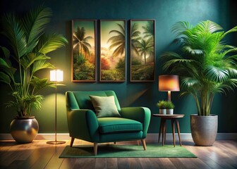 Night Photography: Green Armchair, Beige Abstract Art, Palm Trees - Interior Design