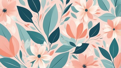 A floral abstract background with stylized petals and leaves in soft pastel shades.