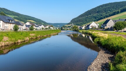 Obraz premium Serene River Village Landscape