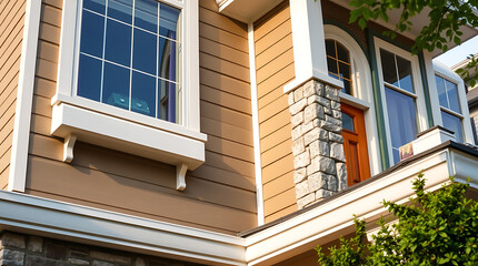 Fototapeta premium Modern House Exterior: Brown Siding, White Trim, Stone Accents