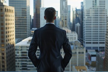Fototapeta premium Man in suit looking out over a cityscape from a high-rise building.