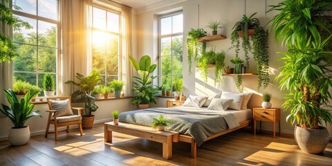 Fototapeta premium Minimalist Bedroom Design, Green Plants, Natural Wood, Eco-Friendly Interior, Soft Light, Tranquil Space, Peaceful Sanctuary