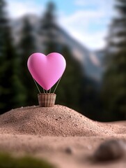 Fototapeta premium A whimsical heart-shaped hot air balloon resting on a mound, surrounded by trees, symbolizing love and adventure.