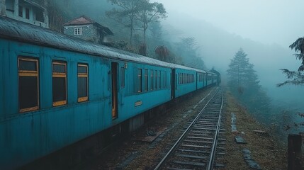 Obraz premium Misty Mountain Train Journey Through Enchanting Foggy Landscapes