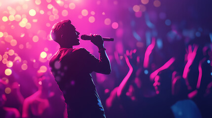 A karaoke competition, with a confident performer singing under a spotlight, and an audience clapping in the background. Blazetide. Illustration