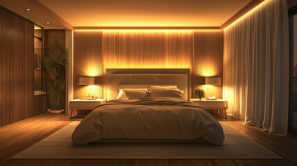A peaceful bedroom with dim lighting, inviting someone to get rest after a busy day.