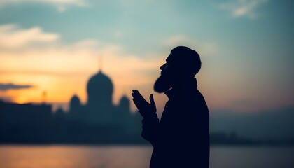 Fototapeta premium Silhouette of a Muslim man in prayer, set against a serene background, symbolizing faith, devotion, and spirituality.