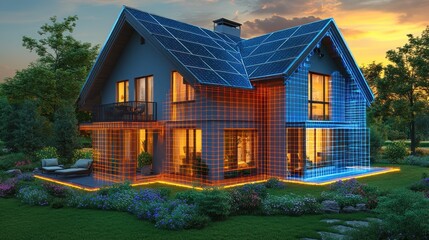 Modern Eco-Friendly Home with Solar Panels at Sunset - Sustainable Living