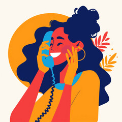 A Flat Illustration of a Woman Talking on the Phone in a Busy Scene