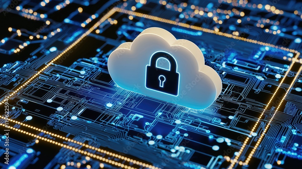Poster a glowing cloud icon with a padlock sits atop a digital circuit board, symbolizing secure cloud stor