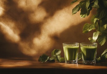 Green smoothie, sunlight, wooden table, leaves, healthy drink