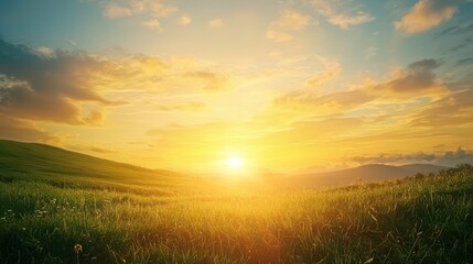 Obraz premium A peaceful morning landscape with the sun rising over a horizon, symbolizing new beginnings and motivation
