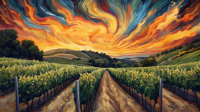 A lush vineyard with winding rows of textured green vines, set against a swirling sky painted in vibrant orange, yellow, and blue hues 