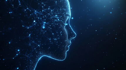 Obraz premium Side profile of a futuristic artificial intelligence computer head with glowing lines and data. Digital background 
