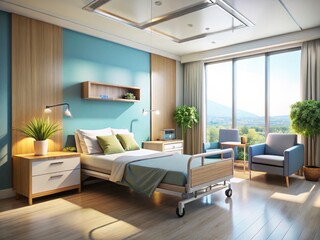 Fototapeta premium Modern Hospital Room 3D Render, Interior Design, Medical Facility, Healthcare Architecture, Sterile Environment, Clean Room, Realistic 3D Visualization