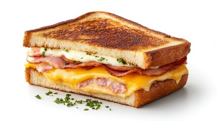 Delicious grilled sandwich with layers of cheese, ham, and herbs on a white background