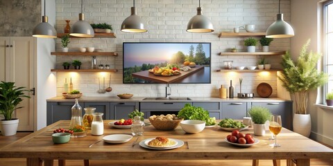 Modern Kitchen TV, Food Photography, Widescreen Smart TV, Blank Screen, Wall Mounted, Culinary Background, High-Resolution Image