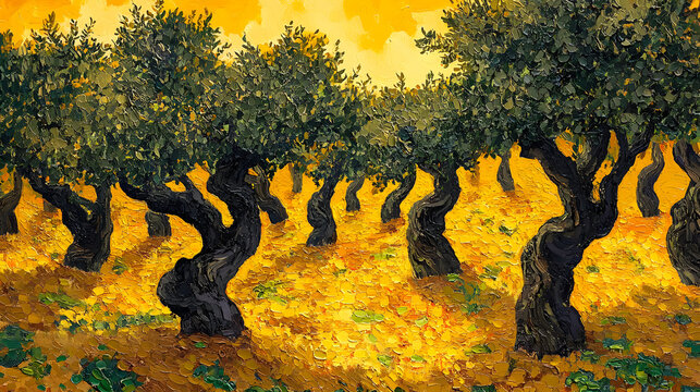 A peaceful olive grove with twisted tree trunks painted in warm brown tones, surrounded by textured leaves in vibrant green under a radiant yellow and orange sky 