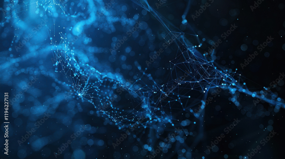Poster digital abstract background with blue glowing lines and particles, representing technology and conne