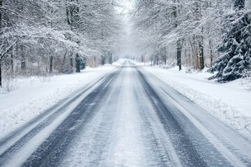 Snowy road, winter forest, tire tracks, travel, postcard