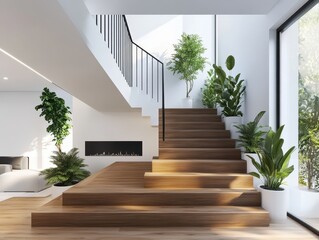 Modern home's wooden staircase, sunlit interior, plants, luxury