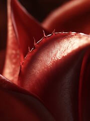 Close-up of a red flower petal with a serrated edge, revealing intricate details.