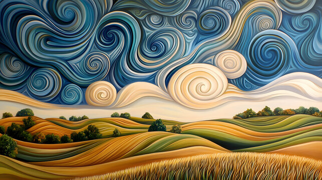 A rolling landscape with exaggerated curves, featuring fields in warm ochre and green tones under a dramatic sky filled with swirling blue and white patterns 