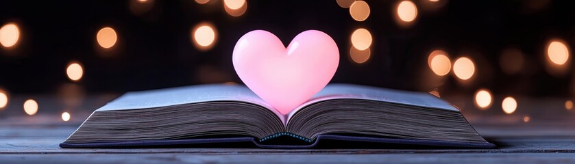 Heart-shaped light on an open book, magical glow.