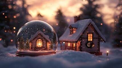 Enchanted Winter Scene: Snow Globe and Cozy Cottage at Dusk