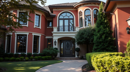 Luxury Red Brick House Exterior, Modern Home Design, Beautiful Garden, Real Estate Property