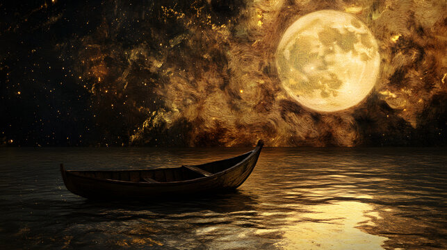A surreal depiction of a small boat on a lake at night, with textured water reflecting the swirling golden light of the moon above 