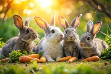 Obraz premium Adorable gray and white rabbits in charming panoramic poses. Perfect wallpaper!