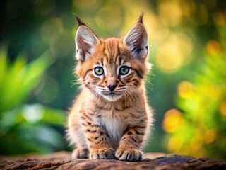 Naklejka premium Adorable Siberian lynx kitten: a captivating wildcat cub, a precious feline wildlife photo.