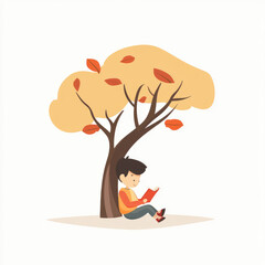 A Child Reading Under a Tree in a Calm Flat Illustration of Outdoor Learning