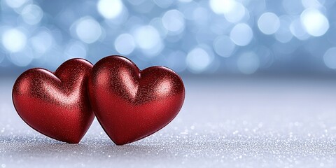 Fototapeta premium Two shiny red hearts on a sparkling surface.
