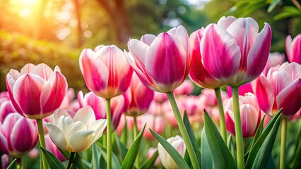 Fototapeta premium Pink White Tulip Backyard Garden High Depth Field Photography - Spring Flowers Bloom
