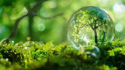 A tree reflected in a soap bubble on a sunlit, mossy forest floor