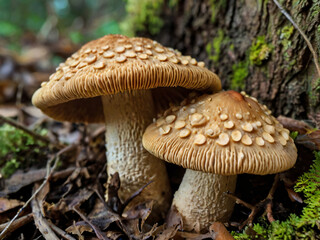 Fototapeta premium white dot mushrooms on ground