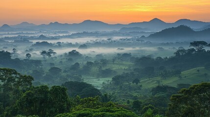 Obraz premium Breathtaking Sunrise Over Misty Mountains and Lush Green Forests in a Serene Landscape Capturing Nature’s Tranquility and Beauty at Dawn