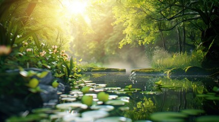 Fototapeta premium Sunlight streaming through trees onto a serene pond with lily pads