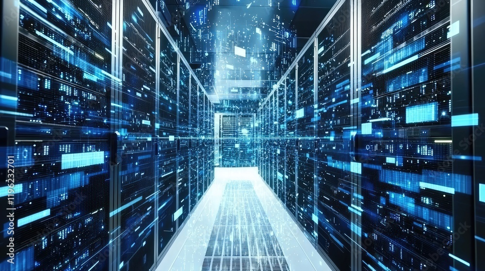 Poster A sleek server room illuminated by dynamic blue light trails represents advanced technology and data flow. Perfect for IT, cloud computing, and networking themes