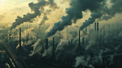 Industrial landscape with numerous smokestacks emitting smoke under a cloudy sky