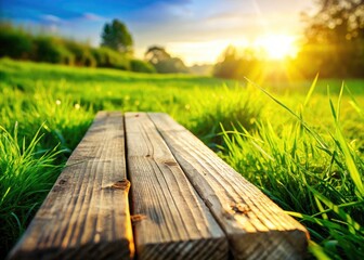 Fototapeta premium Rustic Wooden Board on Grass - Natural Texture, Outdoor Photography, Summer Background, Countryside Scene, Green Grass, Wooden Plank