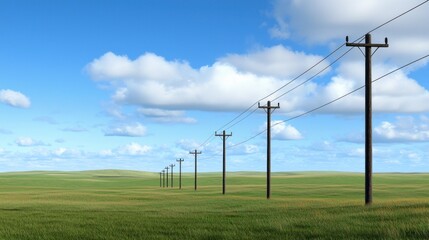 Power lines across grassy plains, blue sky; landscape image for rural, nature, energy themes