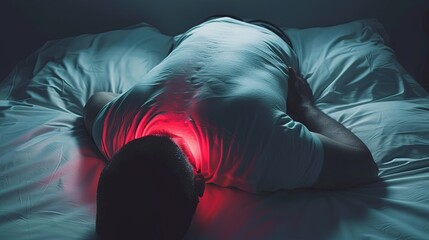 Close-up of a person lying on a bed with a glowing red area on their back, symbolizing chronic pain and discomfort. Minimalistic composition with copy space