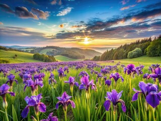 Obraz premium A vibrant panorama of a wild iris meadow explodes with blooming purple flowers in the spring.