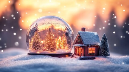 Enchanted Winter Snow Globe Scene with Glowing Cabin